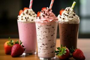 three milkshakes chocolate strawberry professional food photography AI Generated photo