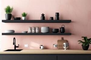 cocina con rosado interior estante en moderno cocina habitación fotografía generativo ai foto