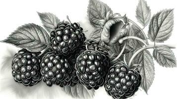 Realistic Drawing Blackberries Branch on Black Background. Generative AI. photo