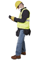 caucasian arbetstagare med läsplatta i andetag säkerhet mask, hård hatt och handskar png