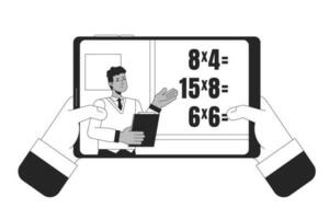 Online lesson on tablet flat line concept vector spot illustration. Teacher teaching math near blackboard 2D cartoon flat line monochromatic character for web UI designimage