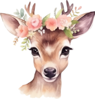 Cute deer and flowers watercolor illustration png