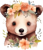 Cute bear and flowers watercolor illustration png