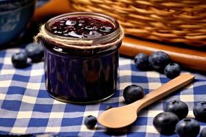 blueberry jam kitchen table professional food photography AI Generated photo