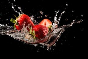 stock photo of water splash with sliced strawberries isolated food photography