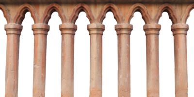 Old balustrade pillars architectural element isolated PNG photo with transparent background.