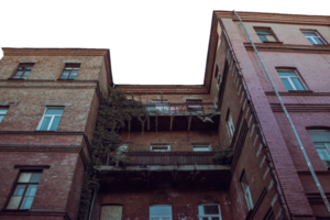 Old city architecture backyard with large balcony, Kharkiv. Cityscape photo in Ukraine. png