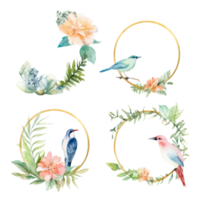 Watercolor Set of Birds with Flowers and Circular Frame. png