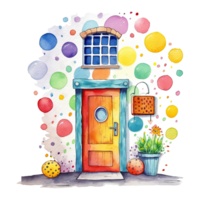 Watercolor colorful cute happy house with polka dot, isolated. Generative AI png