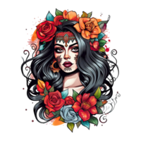 Tattoo style portrait of chicano girl, Mexican woman with flowers art, isolated. Generative AI png
