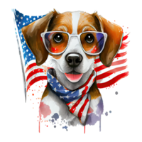 Watercolor happy cute patriotic dog, puppy with American flag print, Fourth 4th of july Independence Day USA, isolated. Generative AI png