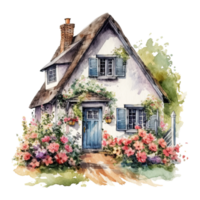 Watercolor cozy cottage surrounded by flowers garden, isolated. Generative AI png