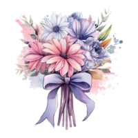 Watercolor delicate bouquet of flowers with a ribbon tied around, isolated. Generative AI png