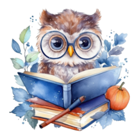 Watercolor cute owl with glasses reading book, isolated. Generative AI png