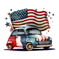 Watercolor cute patriotic car with American flag print, Fourth 4th of july happy Independence Day USA, isolated. Generative AI png
