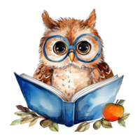 Watercolor cute owl with glasses reading book, isolated. Generative AI png