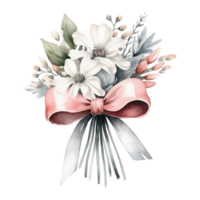 Watercolor delicate bouquet of flowers with a ribbon tied around, isolated. Generative AI png