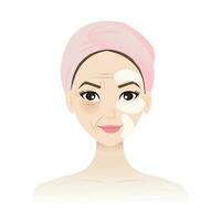 Cute woman apply facial mask patches on tired face skin vector isolated on white background. To recover wrinkles and lines, forehead creases, crows feet, dark circle and smile lines.