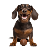 A happy dachshund dog is sitting with a ball isolated on background. Generative AI png