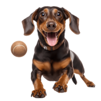 Happy dachshund dog playing with a ball isolated on background. Generative AI. png