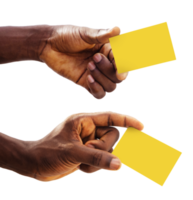 closeup of Black hands holding blank yellow cards isolated on transparent background.  male hand holding blank paper card, Card template, clip mask png