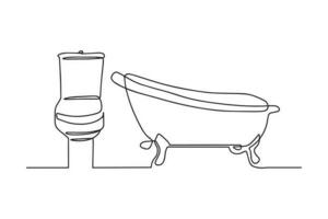One continuous drawn single artistic line of the doodle sketch of the toilet and bathroom. Vector