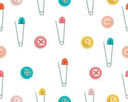 Vector seamless pattern using sewing tools. Illustration of safety pins, needles and buttons. Vector illustration in a flat style. Vector