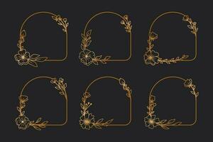 un conjunto de elegante oro marco con flores y hojas línea Arte para Boda o compromiso, saludo tarjeta, o monograma logo diseño vector