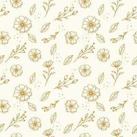 Gold hand drawn flowers and leaves with seamless patterns on white background vector