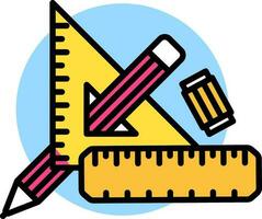 Flat style Triangle protractor with ruler, eraser and pencil geometric icon. vector