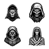 Creepy mummy hand drawn logo design illustration, perfect for Halloween events, horror themed projects, and spooky merchandise. Mysterious, eerie, and unforgettable. vector