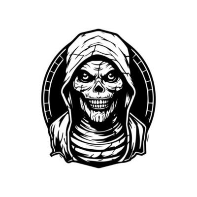 Creepy mummy hand drawn logo design illustration, perfect for Halloween events, horror themed projects, and spooky merchandise. Mysterious, eerie, and unforgettable.