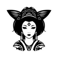 un fusión de tradicional y moderno estética, esta mano dibujado logo diseño retrata el seductor encanto de un japonés geisha muchacha. vector