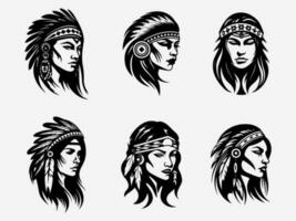 native american indian girl head hand drawn illustration vector