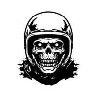 cautivador ilustración de un cráneo zombi en un motorista casco, creando un sorprendentes logo diseño ese encarna un mezcla de horror, aventura, y el emoción de el abierto la carretera vector