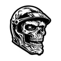 cautivador ilustración de un cráneo zombi en un motorista casco, creando un sorprendentes logo diseño ese encarna un mezcla de horror, aventura, y el emoción de el abierto la carretera vector