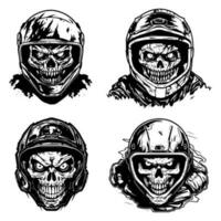 nervioso y intenso logo diseño ilustración de un cráneo zombi vistiendo un motorista casco, combinatorio el elementos de horror y motocicleta cultura vector