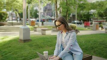 zorgeloos bedrijf vrouw zit buitenshuis met koffie en gebruik makend van laptop, afgelegen werk video