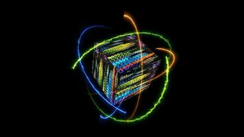 kvant dator kärna abstrakt trogen teknologi digital lager dimensionera holografiska bearbeta och mysterium mörk blå Vinka kub tömma kärna energi yta och atom rör på sig förbi oändlighet energi video
