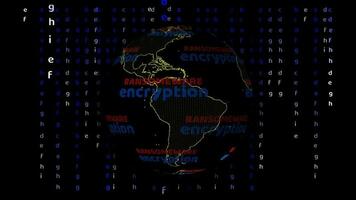 World map with ransomware encryption digital text rotating and alphabet matrix background video