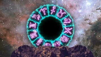 12 zodiac sign border and magic core on top mountain rotate on the space and carina nebula background video