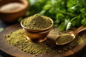 stock photo of coriander powder on the kitchen flat lay photography