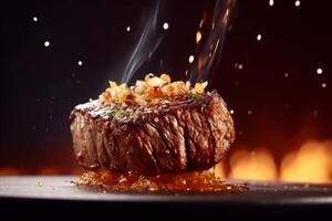 valores foto de wagyu carne de vaca filete asado volador mediante el aire editorial comida fotografía generativo ai
