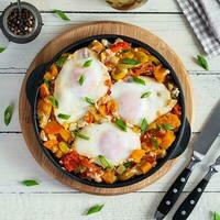 Shakshouka in frying pan. Fried eggs with vegetables, tomato, pepper, pumpkin and onion. Top view photo