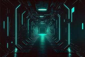 Sci-Fi Cyber Futuristic Empty tunnel Background exit or goal ahead. Abstract cyber or digital speedway concept Cyberpunk Cyber Synth Tunnel Corridor photo
