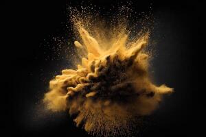 Abstract gold powder explosion on Black background.Colorful dust explode. Painted Holiday powder festival. Freeze motion of color powder exploding,throwing color powder on background. photo