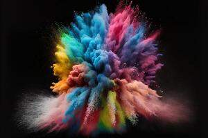 multicolored powder explosion on Black background.Colorful dust explode. Painted Holiday powder festival. Freeze motion of color powder exploding,throwing color powder on background. photo