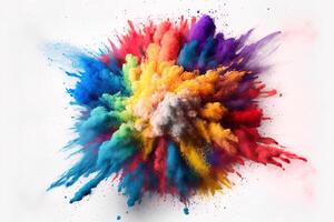 multicolored powder explosion on white background.Colorful dust explode. Painted Holiday powder festival. Freeze motion of color powder exploding,throwing color powder on background. photo