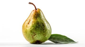 Ripe green pear with leaves on a white background. photo