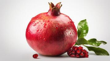 Pomegranate fruit with leaves and pomegranate seeds, photo